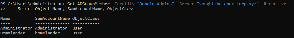 Get-ADGroupMember output on VOUGHT domain showing Administrator and homelander in Domain Admins